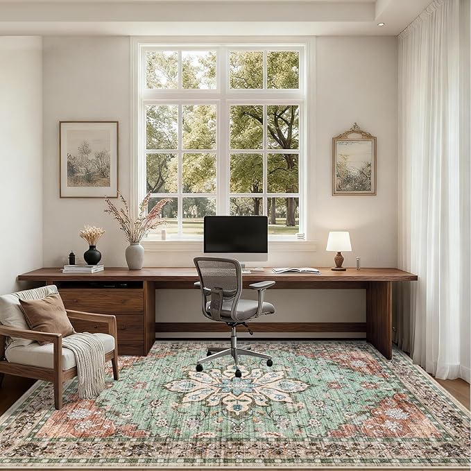 Area Rugs 10x14 Living Room Rug: Washable Rug Soft Vintage Distressed Floral Carpet Indoor Non-Slip Stain Resistant Large Carpets for Bedroom Dining Room Farmhouse Nursery Home Office Brown Green