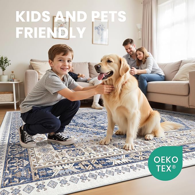 zesthome 6x9 Area Rug, Super Soft Washable Rugs for Living Room, Non-Slip Stain Resistant Vintage Rugs, Ultra-Thin Large Area Rugs (Blue/Beige,6'x9')
