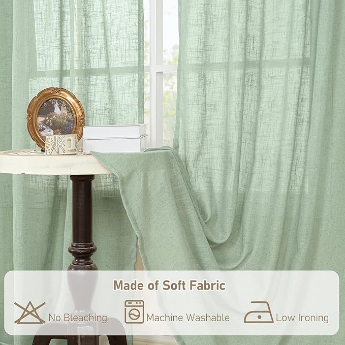 LAMIT Sheer Linen Curtains for Living Room, Back Tab and Rod Pocket Curtains Light Filtering Country Rustic Farmhouse Drapes for Bedroom/Farmhouse, 2 Panels, 52 x 102 Inch, Fresh Green
