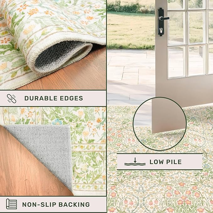 Hazo Haus Light Beige Green Living Room Rug, 6x8 Washable Area Rug for Kids Room, Bedroom, Nursery Room, Living Room, Dining Room, Low Pile Non-Slip - Vintage Design & Stain Resistance