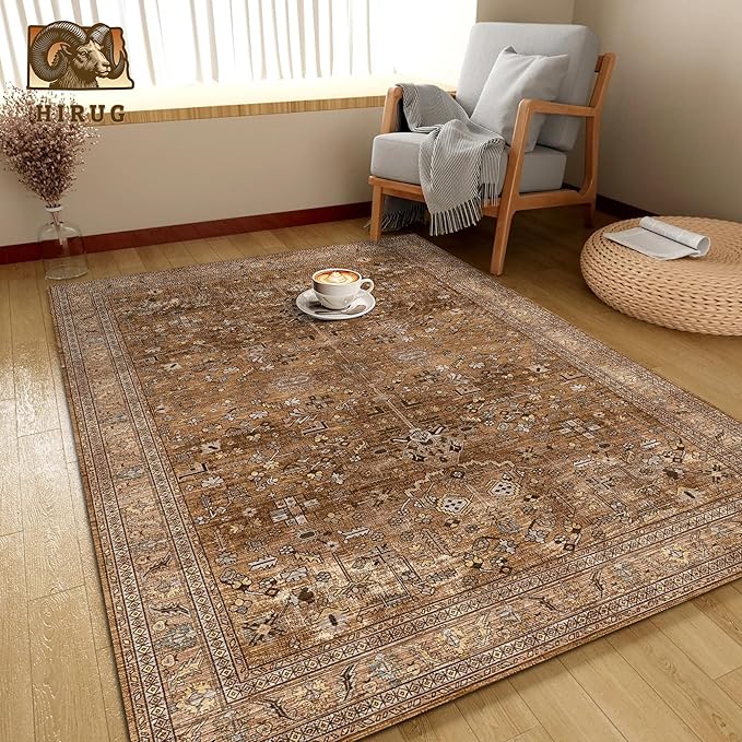 Washable Area Rug 6' x 9' Vintage Traditional Persian Mat - Foldable Distressed Non-Slip Machine Washable Carpet for Living Room Bedroom Kitchen Home Decor - Bronze and Ivory