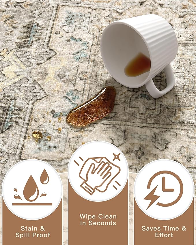 Madane Washable Area Rug 2x3, Small Entryway Rug Non-Slip Vintage Door Mat Indoor Entrance, Low Pile Floor Carpet for Inside Front Door Bedroom Kitchen Entry Laundry (2'x3', Ivory/Brown)