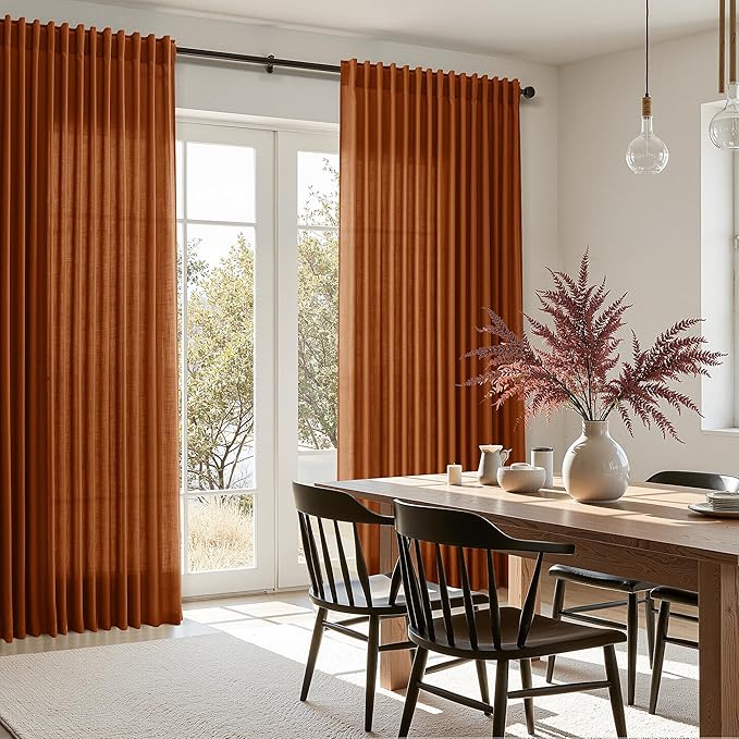 Nanspring Rust Linen Curtains 63 Inch Length for Living Room Light Filtering Semi Sheer Curtain Back Tab and Rod Pocket Vintage Rustic Luxury Home Decor Drapes for Bedroom Office 52x63, 2 Panels