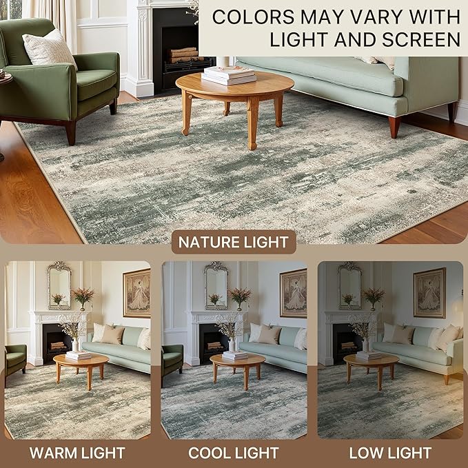 BEIMO Area Rugs 6x9 for Living Room Bedroom, Modern Abstract Machine Washable Rug, Large Soft Low Pile Floor Cover with Non Slip Backing for Dining Room, Grey/Dark Green