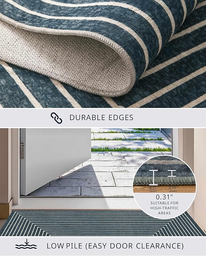 Latte&Fog 3x5 Entryway Rug Indoor, Modern Abstract Washable Area Rug, Boho Non Slip Low Pile Throw Carpet for Indoor Bedroom Bedside, Kitchen, Entry and Living Room - Blue