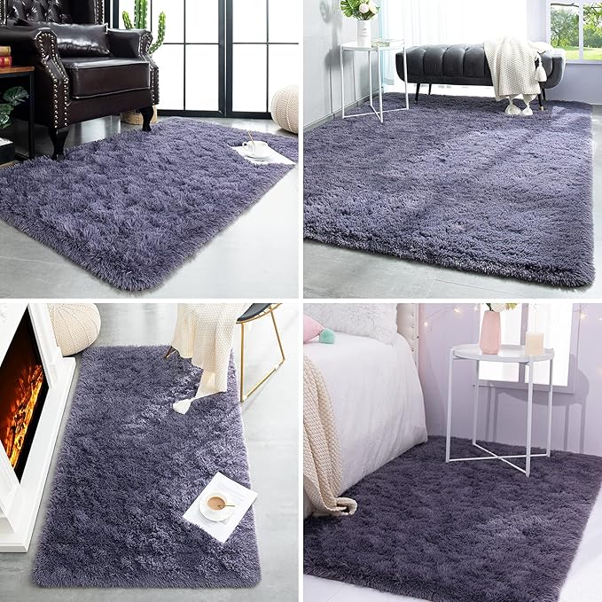 TWINNIS Super Soft Shaggy Rugs Fluffy Carpets 4x5.9 Feet, Indoor Modern Plush Area Rugs for Living Room Bedroom Kids Room Nursery Home Decor, Upgrade Anti-Skid Fuzzy Rug, Grey Purple