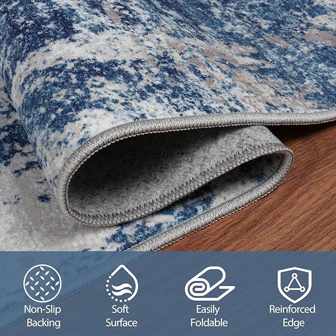 9x12 Area Rugs for Living Room Rug Washable: Abstract Large Rug for Dining Room Bedroom Carpet Non Slip 9 by 12 Indoor Modern Nursery Home Office Blue Grey White