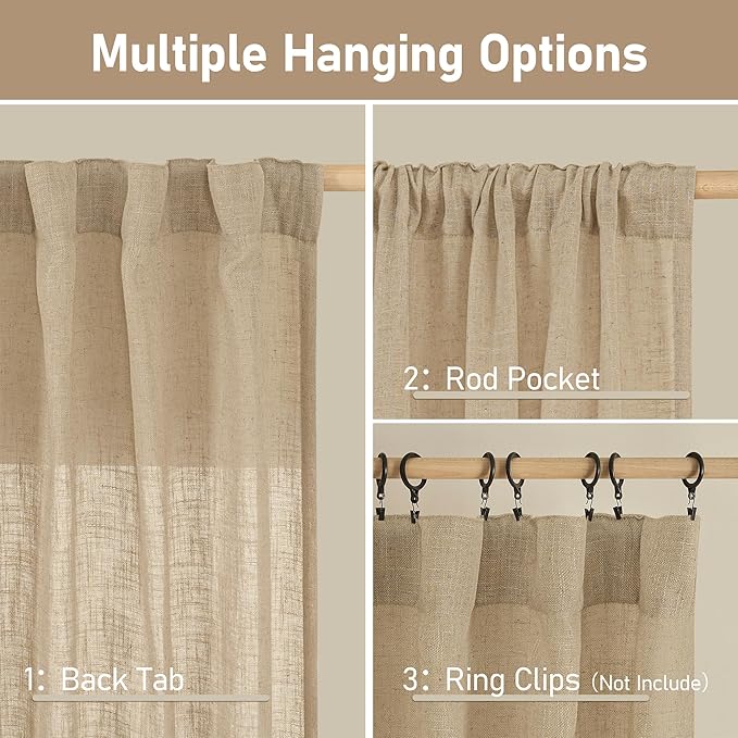 LAMIT Brown Linen Window Curtains 30 Inches Long 2 Panels, Semi Sheer Light Filtering Panels Back Tab and Rod Pocket Neutral Drapes for Basement/Small Windows, 34 x 30 Inch