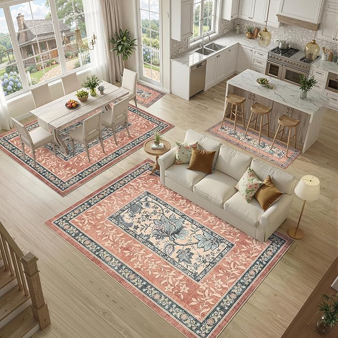 GarveeHome Terracotta Teal 8x10 Area Rugs for Living Room, Botanical Grove Cottagecore Washable Rug for Bedroom Dining Nursery Low-Pile Vintage Large Carpet