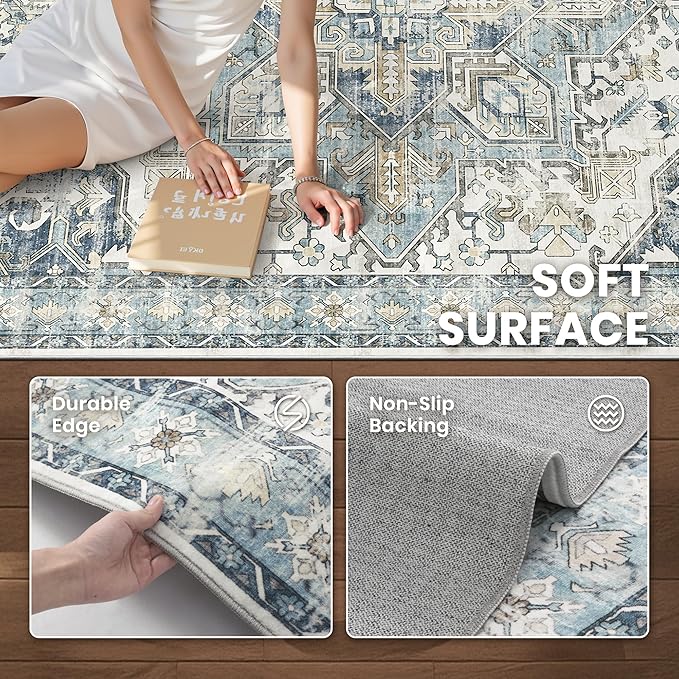 zesthome 10x12 Area Rugs-Washable Rug for Living Room, Non-Slip Backing Rugs, Stain Resistant 10x12 Rug for Bedroom, Ultra-Thin Low Pile Rugs, Vintage Large Home Decor