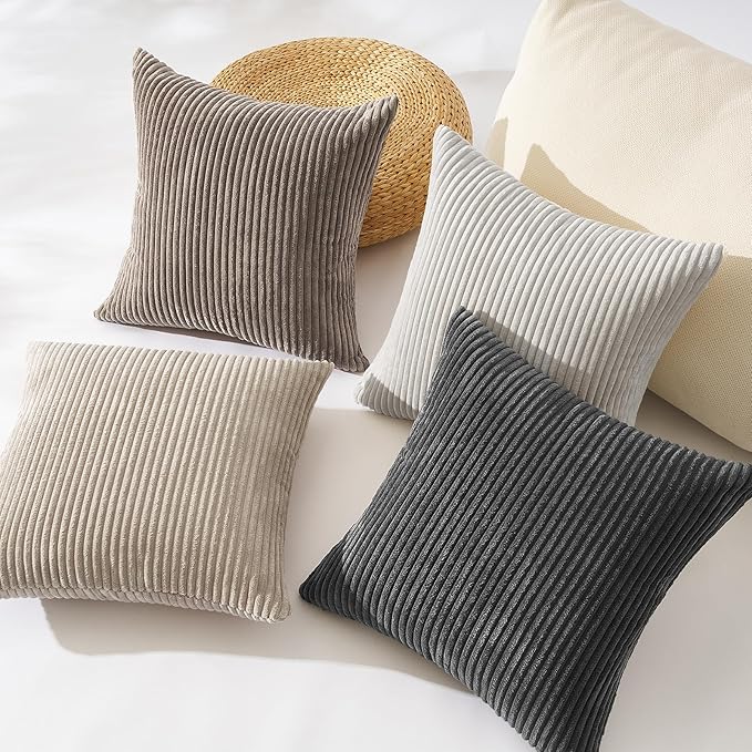 Topfinel 4 Packs Natural Decorative Throw Pillows Covers 22x22 Inch for Living Room Couch Bed Sofa, Rustic Farmhouse Boho Neutral Home Decor, Soft Plush Striped Corduroy Square Cushion Case 40x40 cm