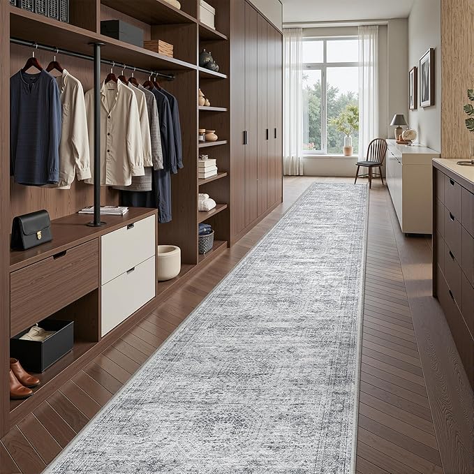Washable Runner Rug 2.5x14, Non-Slip Long Hallway Runner for Entryway, Soft Vintage Kitchen Mats for Floor, Abstract Dining Room, Bedroom, Living Room Rugs(2.5'x14', Grey/Ivory)