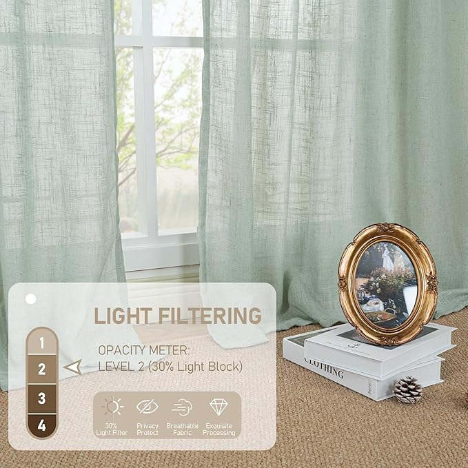 LAMIT Living Room Linen Curtains 95 Inch for Bedroom, Back Tab and Rod Pocket Linen Textured Sheer Curtains Light Filtering Burlap Drapes for Farmhouse, 2 Panels, 52 x 95 Inch, Light Sage