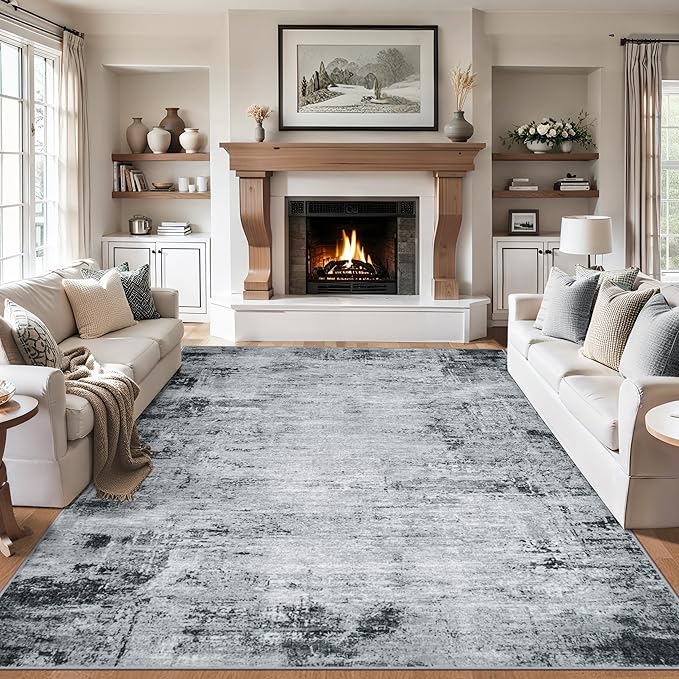8x10 Area Rugs for Living Room - Washable Rug Modern Abstract Soft Large Neutral Non-Slip Carpet Indoor Floor Thin Carpets for Bedroom Dining Room Farmhouse Nursery Home Office Black