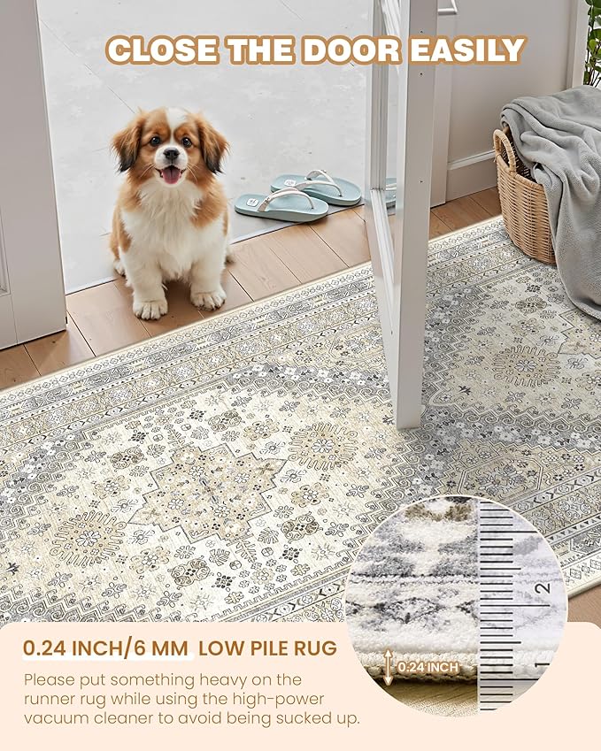 3x10 Runner Rug Non Slip Washable for Entryway, Front Porch, Vintage Hallway Runner for Laundry Room, Bedroom, Stain Resistant Thin Indoor Kitchen Mats for Floor(Beige,3'x10')