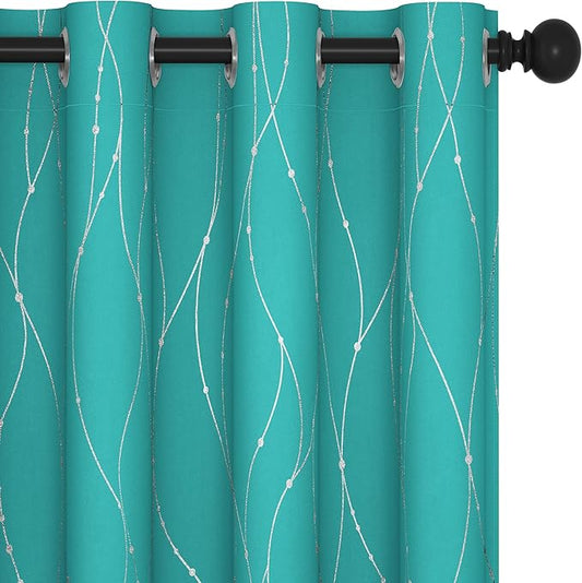 Deconovo Blackout Curtains, Thermal Insulated Soundproof Grommet Drapes, Wave Dots Silver Print, 52 x 54 Inch, Set of 2, Machine Washable Panels for Kitchen Bedroom Living Room Nursery, Turquoise