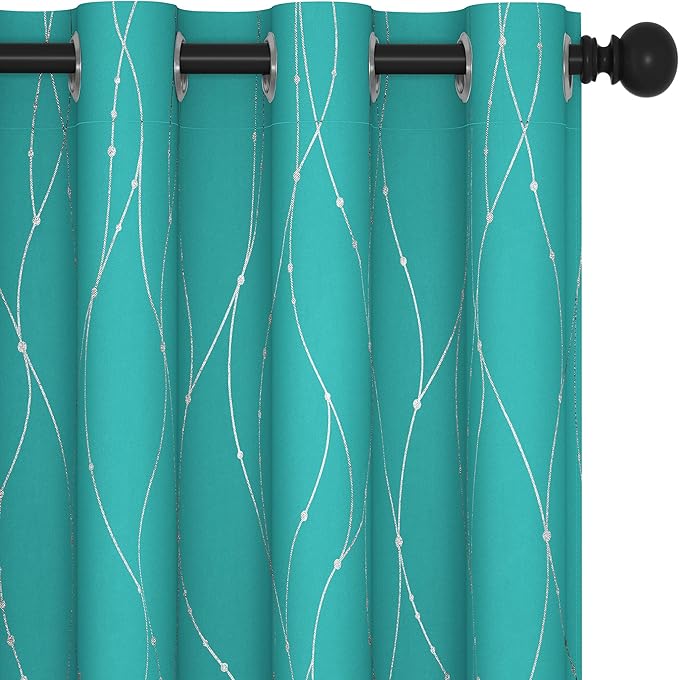 Deconovo Blackout Curtains for Sliding Door, Thermal Insulated Soundproof Drapes with Wave Dots Foil Print, 52 x 108 Inch, Set of 2, Machine Washable Window Curtain for Bedroom Living Room, Turquoise