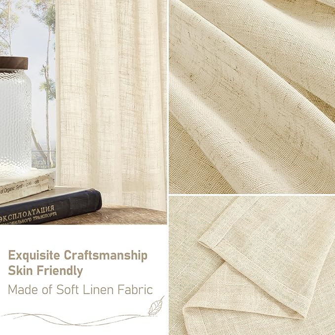 LAMIT Short Window Linen Curtains 36 Inch Length 2 Panels, Beige Light Filtering Panels Back Tab and Rod Pocket Neutral Drapes for Bathroom/Loft Room, 34 x 36 Inch