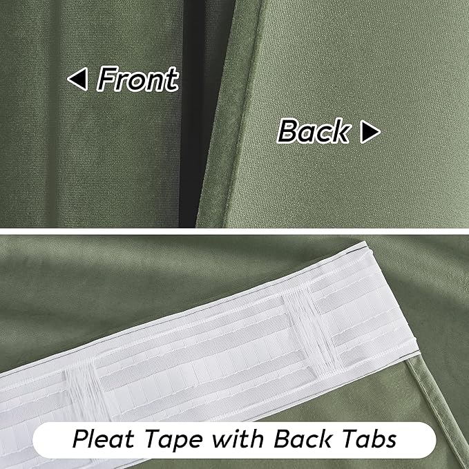 RYB HOME Sage Green Velvet Curtains with Hook Tape, Thermal Insulated Privacy Protect Decorative Drapes for Home Theater, W 52 x L 72 inches, 2 Panels Set