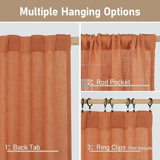 LAMIT Burnt Orange Sheer Linen Curtains, 108 inch Light Filtering Semi Sheer Panels Back Tab and Rod Pocket Fall Decor Drapes for Bedroom/Living Room, 2 Panels, 52 x 108 Inch
