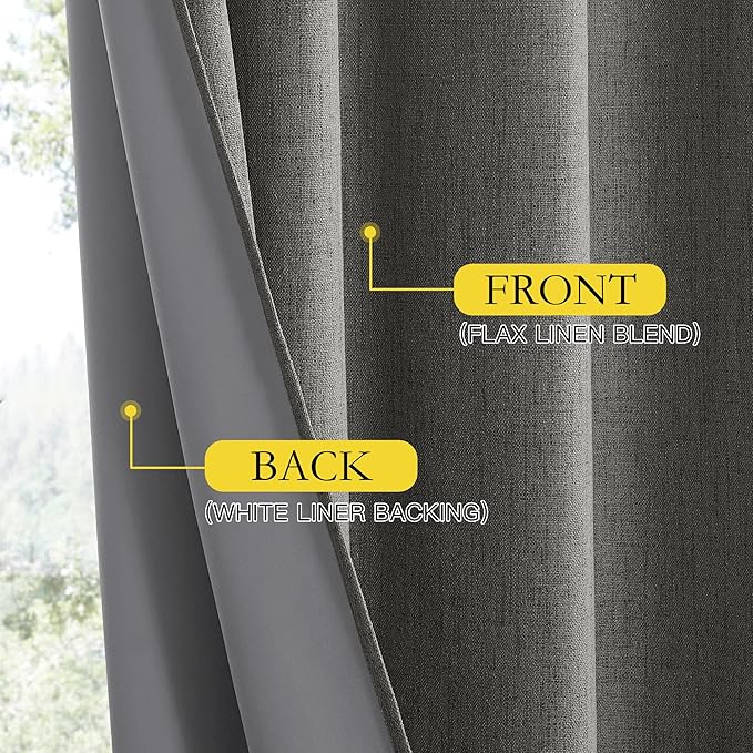 NICETOWN Grizzle Gray Vintage Linen 100% Blackout Curtains for Living Room, Thermal Insulated Curtains 95“ Long, Noise Reducing Window Treatment Drapes for Home Office, 62" Wide Per Panel, Set of 2