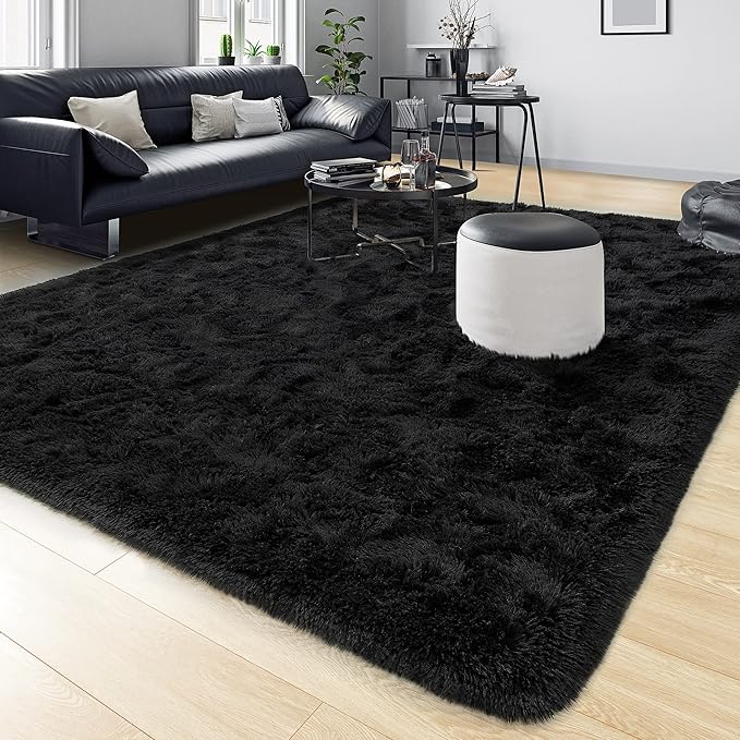 Tepook Super Soft Fluffy Rug for Bedroom, Modern Shaggy Fuzzy Kids Rugs for Living Room, Plush Indoor Nursery Home Decor Dorm Carpet with Non-Slip Bottom, Black, 5 X 8 Feet