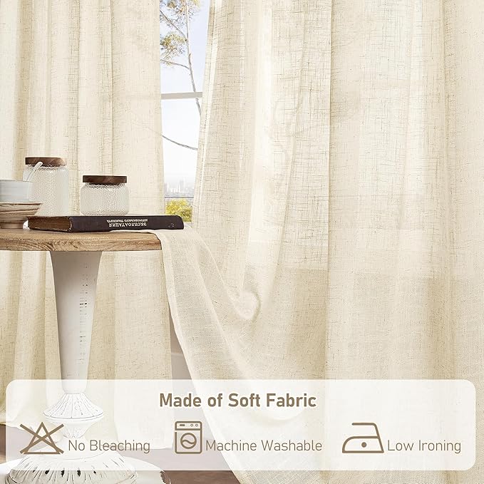 LAMIT Linen Semi Sheer Curtains 96 inches Long 2 Panels Set, Light Filtering Panels Back Tab and Rod Pocket Floor to Ceiling Curtains for Bedroom/Living Room, Beige, 52 x 96 Inch