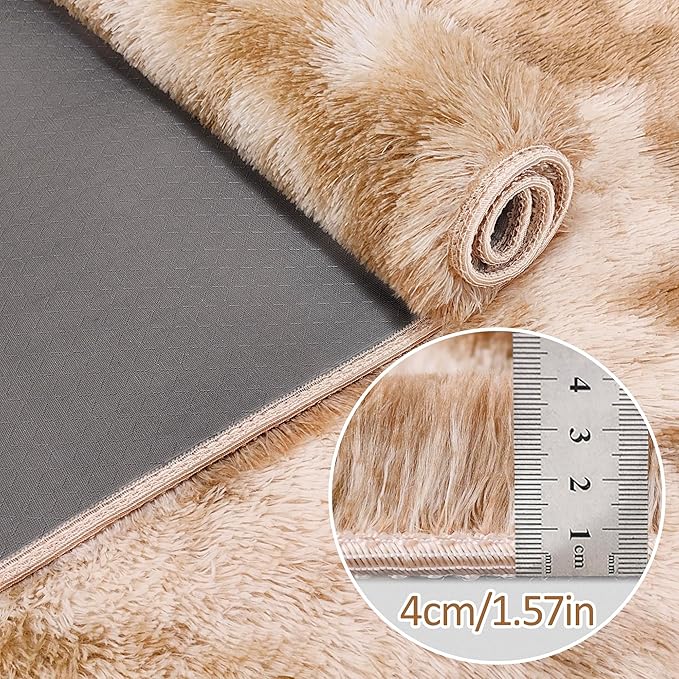Super Soft Fluffy Living Room Area Rugs 2x5 ft Tie-Dyed Beige Shaggy Furry Carpet Washable Non-Slip Floor Rug Bedroom Bedside Nursery Rug Fuzzy Girls Boy Reduce Noise Dorm Home Decor