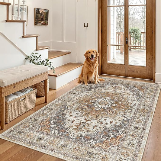 Madane Area Rug 3x5, Washable Vintage Entryway Rugs for Bedroom Non Slip Indoor Kitchen Runner for Living Room Laundry Room Playroom Soft Non-Slip Floor Carpets, Turmeric/Grey
