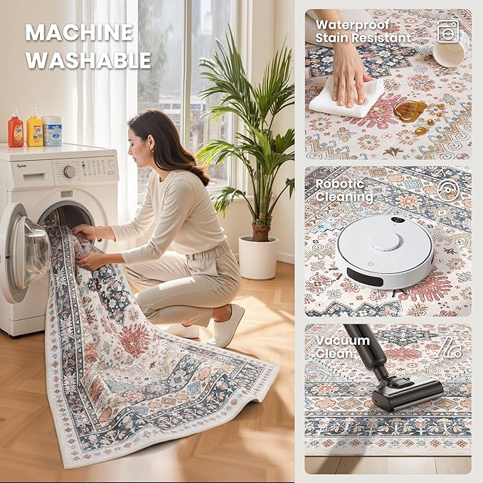 zesthome 8x10 Area Rugs for Living Room,Non-Slip Backing Washable Rugs,Vintage Large Area Rug，Stain Resistant Home Decor Rug (Multi,8'x10')