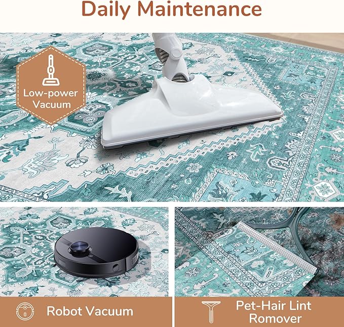 OPPODREAM Soft 10x14 Area Rugs, Washable Rugs 10x14 with Non Slip Backing, Low-Pile Faux Cashmere 10 x 14 Carpet, Teal & Turquoise & Cream