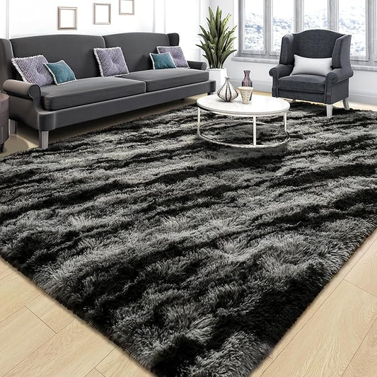 Tepook Soft Fluffy Rugs for Bedroom, 4x6 Area Rug for Living Room, Modern Shaggy Room Rug for Kids Boys Girls, Plush Throw Rugs Indoor Nursery Home Decor Rug with Non-Slip Bottom, Black Grey