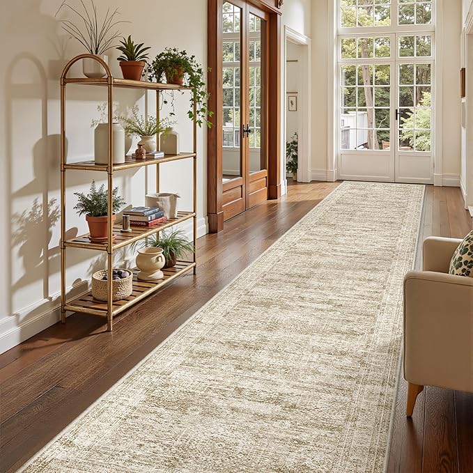 Washable Runner Rug 2.5x14, Non-Slip Long Hallway Runner for Entryway, Soft Vintage Kitchen Mats for Floor, Abstract Dining Room, Bedroom, Living Room Rugs(2.5'x14', Brown/Ivory)