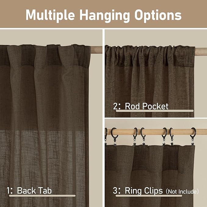 LAMIT Dark Brown 78 inch Linen Curtains for Living Room 2 Panels, Linen Textured Light Filtering Semi Sheer Back Tab and Rod Pocket Curtain Panels for Bedroom/Farmhouse, 52 x 78 Inch