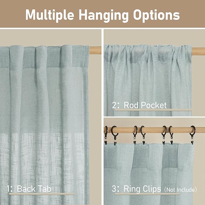 LAMIT Short Linen Window Curtains 30 Inches Long 2 Panels, Greyish Blue Semi Sheer Light Filtering Panels Back Tab and Rod Pocket Neutral Drapes for Basement/Small Windows, 34 x 30 Inch