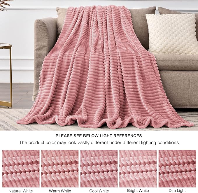BEDELITE Fleece Blanket Queen Size – 3D Ribbed Jacquard Soft and Warm Decorative Fuzzy Blankets – Cozy, Fluffy, Plush Lightweight Throw Blankets for Couch, Bed, Sofa(Pink, 90x90 inches)
