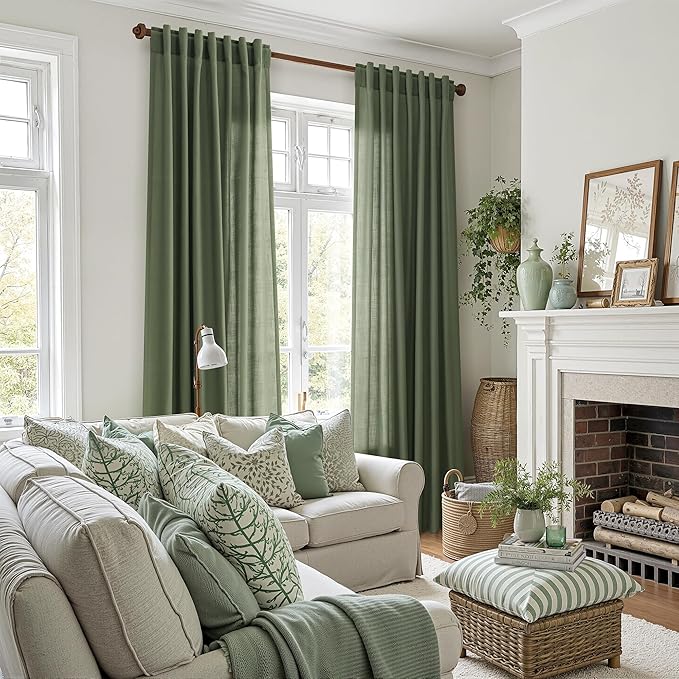 Nanspring Forest Green Linen Curtains 96 Inches Long for Living Room Light Filtering Semi Sheer Curtain Back Tab and Rod Pocket Wabi Sabi Boho Decor Drapes for Bedroom Office 52x96, 2 Panels