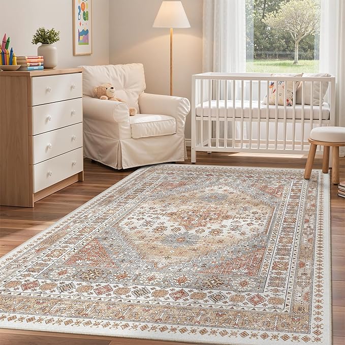 zesthome 4x6 Rug - Stain Resistant Washable Rug, Anti Slip Backing Rugs for Living Room, Foldable Vintage Small Area Rugs(Orange,4'x6')