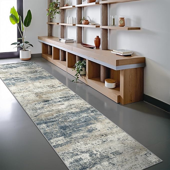 BEIMO Runner Rug for Hallway Kitchen, 2x12 Machine Washable Runners Rug for Entryway, Soft Modern Abstract Throw Rugs, Low Pile Floor Cover with Non Slip Backing, Navy Beige