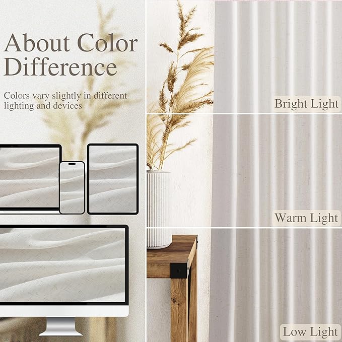 Nanspring Natural Linen Curtains for Living Room 126 Inches Long Back Tab Light Filtering Semi Sheer Curtain Rustic Farmhouse Decor Long Floor to Ceiling High Window for Bedroom 52x126, 2 Panels
