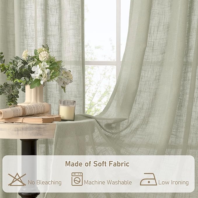 LAMIT Sage Grey Linen Boho Curtains 68 inch Length 2 Panels, Light Filtering Semi Sheer Panels Back Tab and Rod Pocket Neutral Drapes for Bedroom/Living Room, 52 x 68 Inch