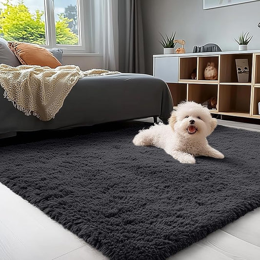OLANLY 4x4 Machine Washable Accent Rug, Soft Fluffy Shaggy Area Rug for Bedroom, Living Room, Indoor Floor Carpet for Kids, Nursery, Home Decor, Black