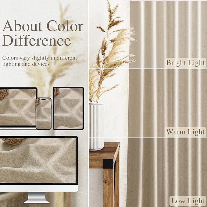 Nanspring Taupe Burlywood Curtains 63 Inch Length for Living Room Linen Semi Sheer Country Farmhouse Decor Curtains Back Tab Privacy Light Filtering Semi Sheer Curtain for Bedroom 52x63, 2 Panels
