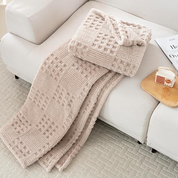 60x80 Inch Waffle Brown Twin Blanket -Fluffy Fleece, Neutral Tan Color, Cute & Aesthetic, Perfect for Sofa, Couch, Chair, Bed, Living Room & Bedroom, All-Season Use, Plush & Cozy Decorative Blanket