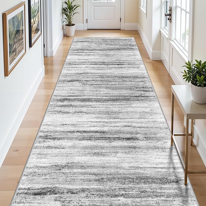 Large Runner Rugs for Hallway 4x20: Non-Slip Washable Wide Carpet - Soft Low-Pile Stain and Spill Resistant Rug for Entryway Living Room Dining Room Balcony Garage Office Grey