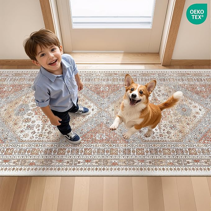 4x10 Runner Rug, Washable Hallway Runner Rug with Non-Slip Backing, Low Pile Wide Runner for Living Room, Entryway, Kitchen, Soft Vintage Home Decor Mat for Dining Room(Orange,4'x10')