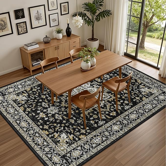 Area Rugs 9x12 Living Room Rug: Washable Rug Soft Vintage Boho Medallion Carpet Indoor Non-Slip Stain Resistant Large Carpets for Bedroom Dining Room Farmhouse Nursery Home Office Black Gold