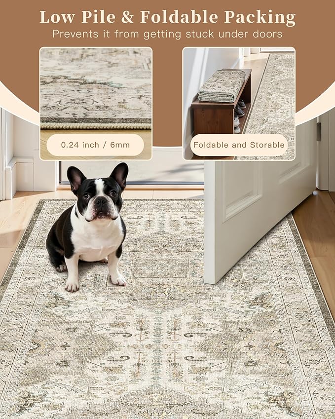 Madane Hallway Runner Rug 2'6''x14' Kitchen Runner, Non Slip Vintage Runners for Hallways Washable Kitchen Rugs Soft Low Pile 2.5x14 ft Rug Runner for Laundry Room, Entryway and Bedroom, Ivory/Brown