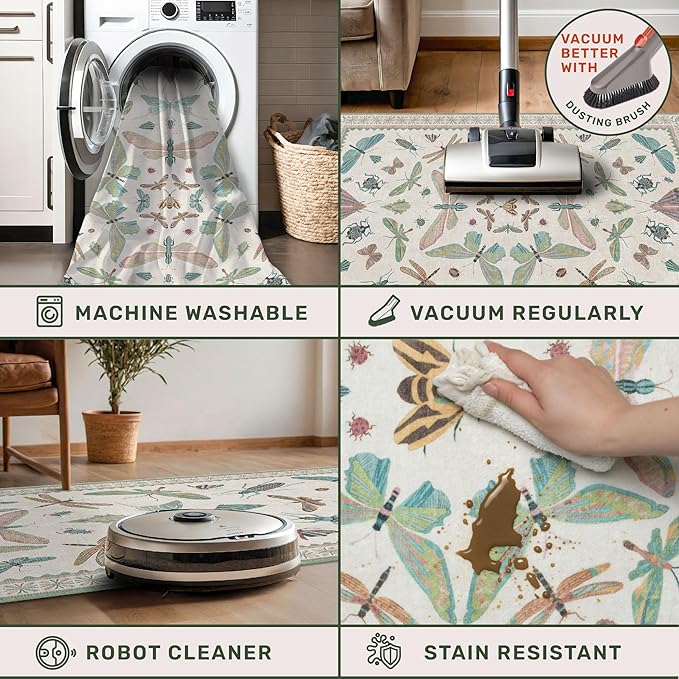 Hazo Haus Washable Boho Bathroom Rug 2x3, Small Throw Rugs for Kitchen, Powder Room, Front Door Indoor Entrance, Non Slip Low Pile Stain Resistant, Dusty Green Colorful Cool Insect Aethestic