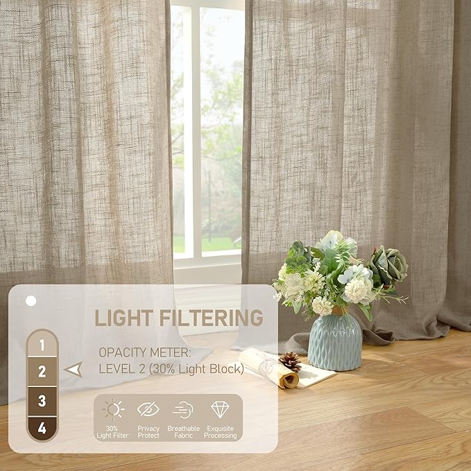 LAMIT Taupe Linen Curtains 30 Inch Length, Semi Sheer Light Filtering Window Panels Back Tab and Rod Pocket Drapes for Kitchen/Basement/Small Windows, 25 x 30 Inch, 2 Panels